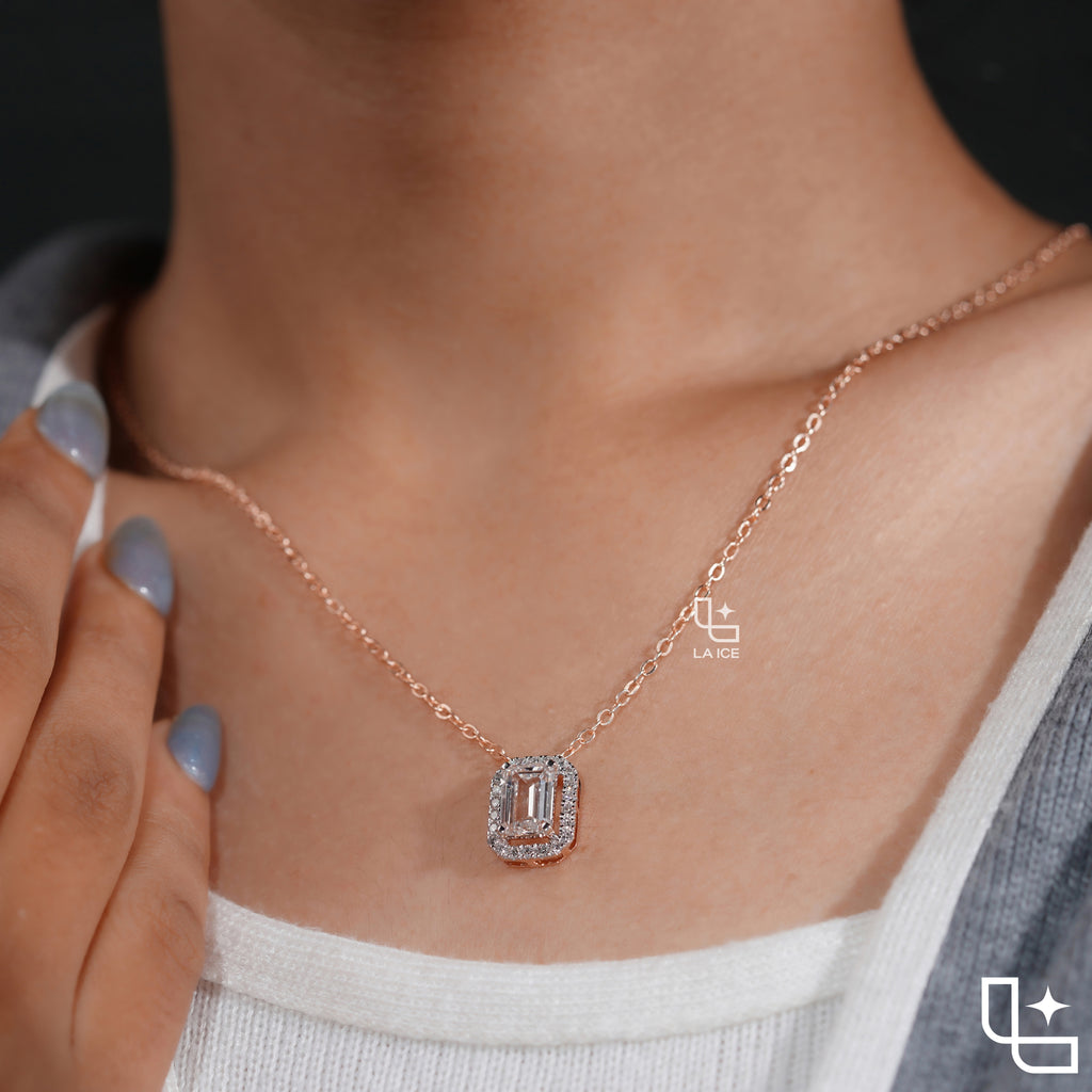 Emerald Cut Halo Pendant Necklace, Rectangular Sparkling Stone Design