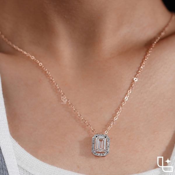 Emerald Cut Halo Pendant Necklace, Rectangular Sparkling Stone Design