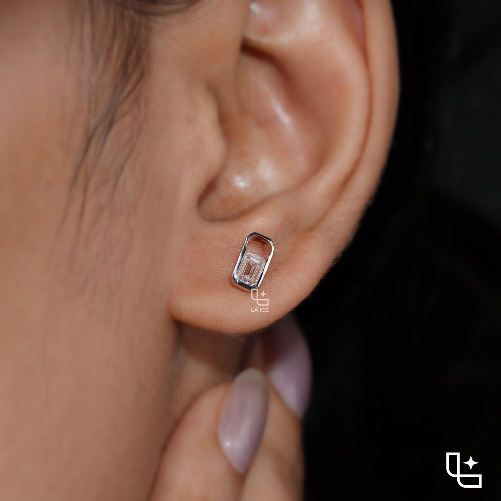 Emerald Cut Stud Earrings with Geometric Octagonal Frames, 1 CT Total Diamond Weight