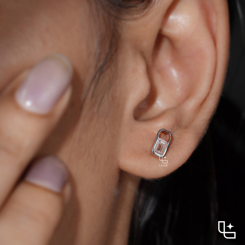 Emerald Cut Stud Earrings with Geometric Octagonal Frames, 1 CT Total Diamond Weight
