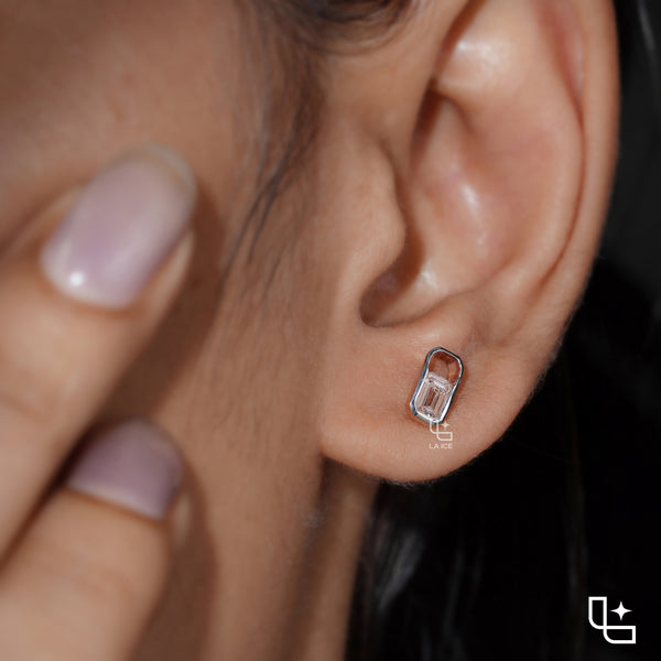 Emerald Cut Stud Earrings with Geometric Octagonal Frames, 1 CT Total Diamond Weight