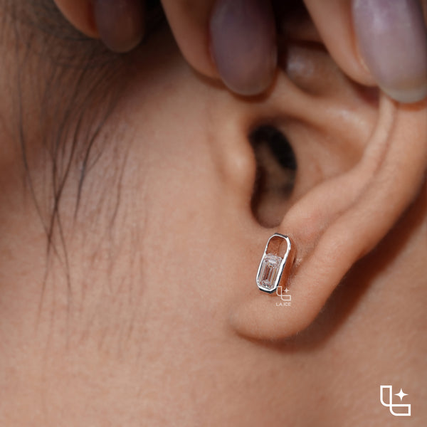 Emerald Cut Stud Earrings with Geometric Octagonal Frames, 1 CT Total Diamond Weight