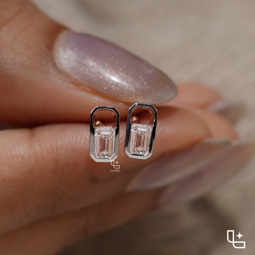 Emerald Cut Stud Earrings with Geometric Octagonal Frames, 1 CT Total Diamond Weight