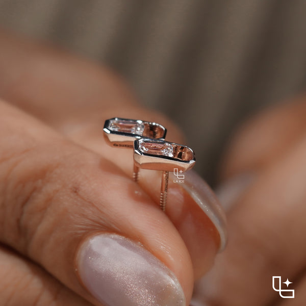Emerald Cut Stud Earrings with Geometric Octagonal Frames, 1 CT Total Diamond Weight