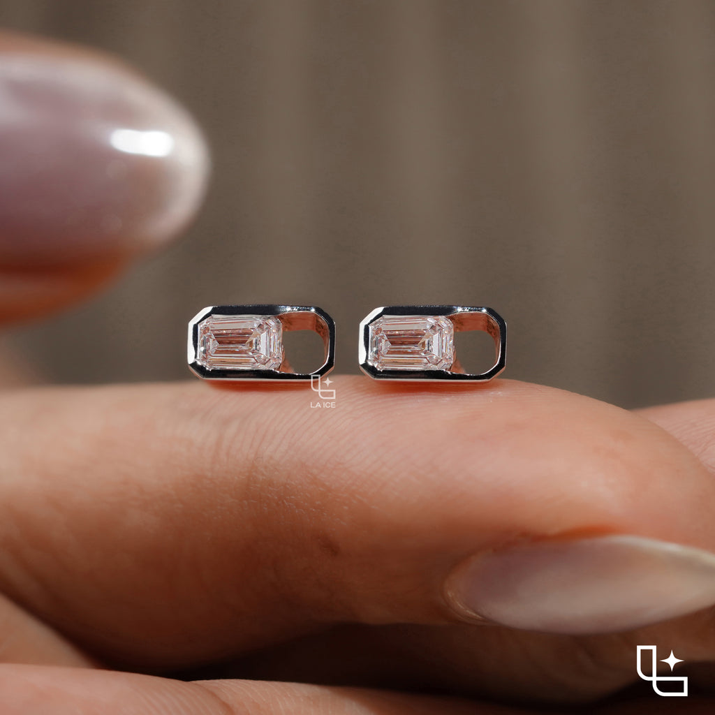 Emerald Cut Stud Earrings with Geometric Octagonal Frames, 1 CT Total Diamond Weight