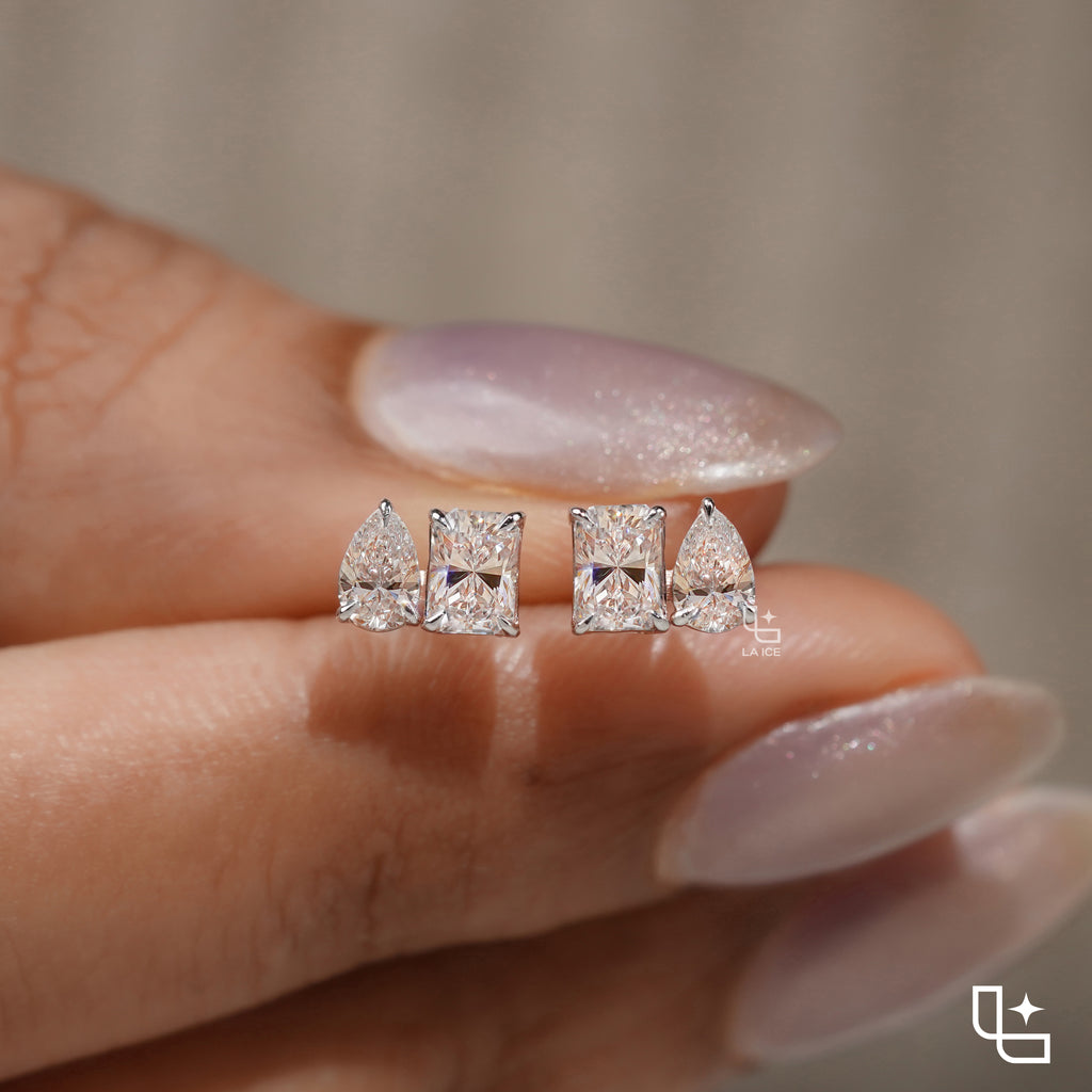 Pear & Radiant Diamond Stud Earrings – Two Stone Diamond Earrings in Rose Gold | Modern Geometric Diamond Earrings for Women