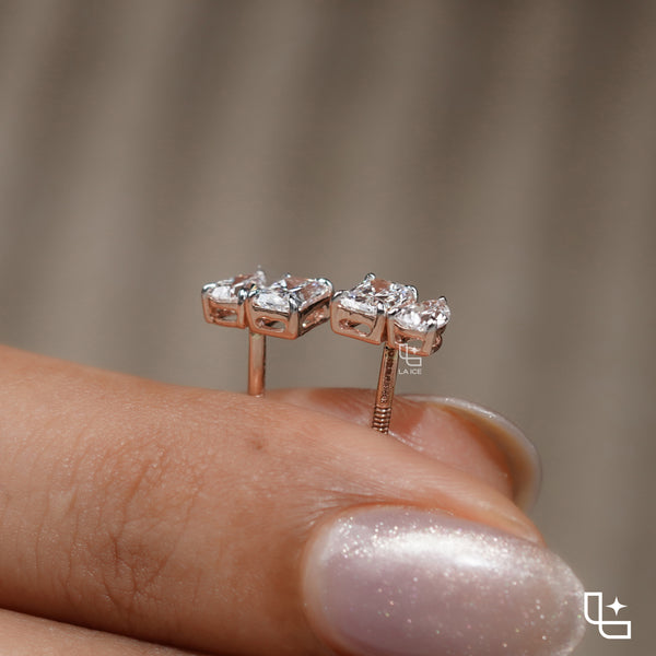 Pear & Radiant Diamond Stud Earrings – Two Stone Diamond Earrings in Rose Gold | Modern Geometric Diamond Earrings for Women