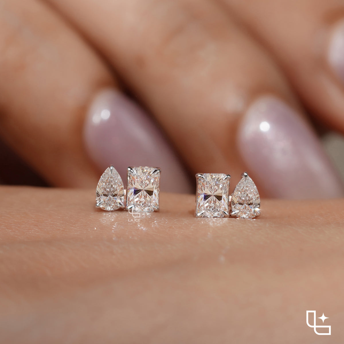 Pear & Radiant Diamond Stud Earrings – Two Stone Diamond Earrings in Rose Gold | Modern Geometric Diamond Earrings for Women