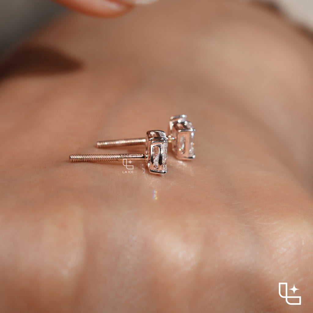 Pear & Radiant Diamond Stud Earrings – Two Stone Diamond Earrings in Rose Gold | Modern Geometric Diamond Earrings for Women
