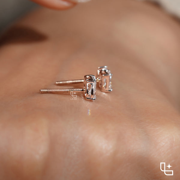Pear & Radiant Diamond Stud Earrings – Two Stone Diamond Earrings in Rose Gold | Modern Geometric Diamond Earrings for Women