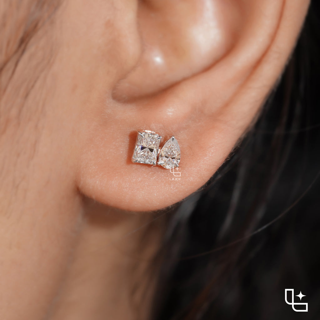 Pear & Radiant Diamond Stud Earrings – Two Stone Diamond Earrings in Rose Gold | Modern Geometric Diamond Earrings for Women