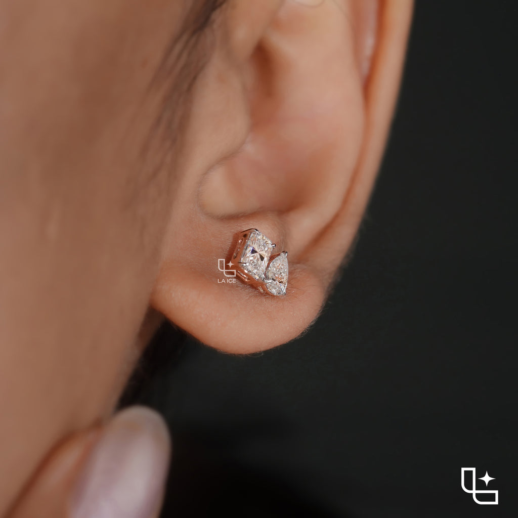 Pear & Radiant Diamond Stud Earrings – Two Stone Diamond Earrings in Rose Gold | Modern Geometric Diamond Earrings for Women