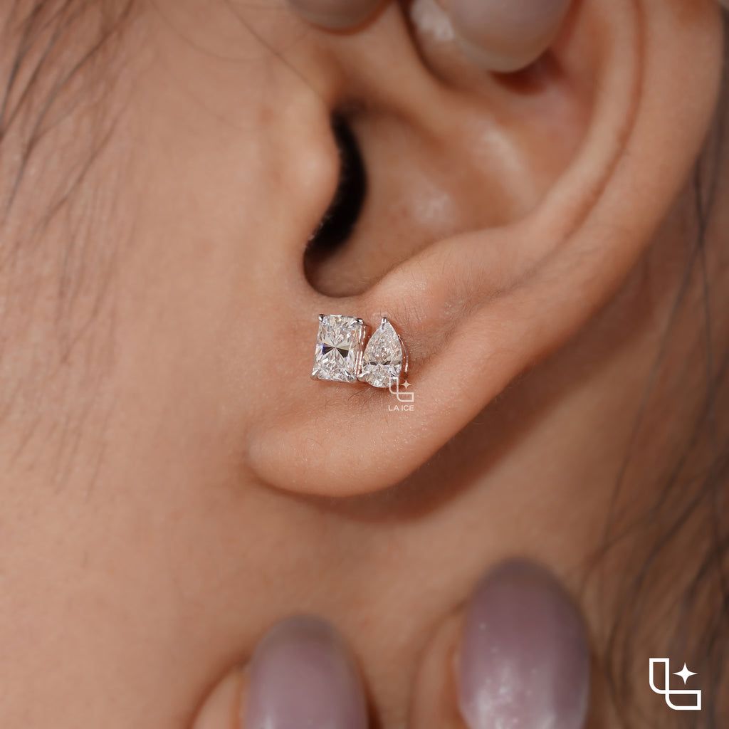 Pear & Radiant Diamond Stud Earrings – Two Stone Diamond Earrings in Rose Gold | Modern Geometric Diamond Earrings for Women