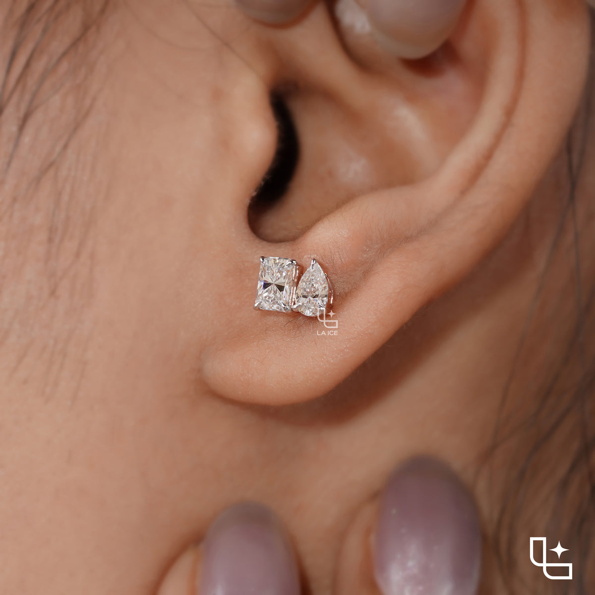 Pear & Radiant Diamond Stud Earrings – Two Stone Diamond Earrings in Rose Gold | Modern Geometric Diamond Earrings for Women