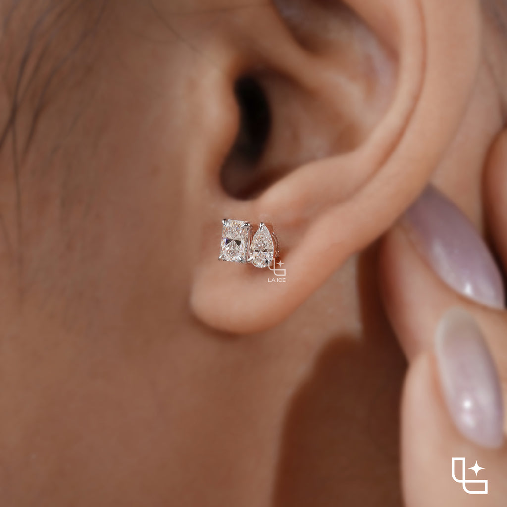 Pear & Radiant Diamond Stud Earrings – Two Stone Diamond Earrings in Rose Gold | Modern Geometric Diamond Earrings for Women