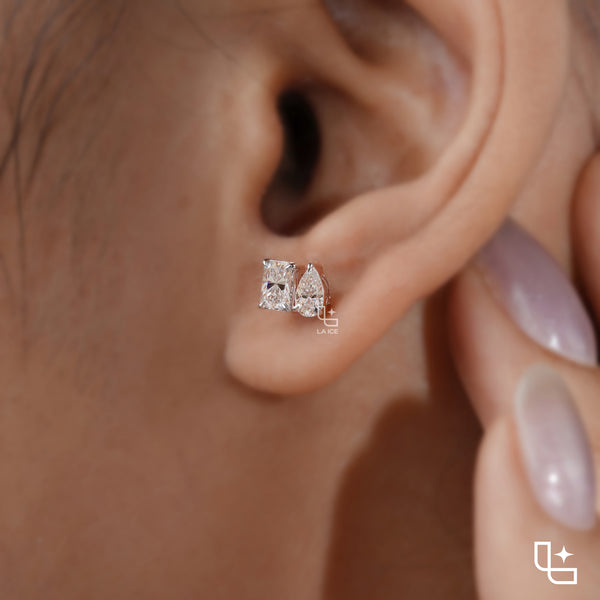 Pear & Radiant Diamond Stud Earrings – Two Stone Diamond Earrings in Rose Gold | Modern Geometric Diamond Earrings for Women