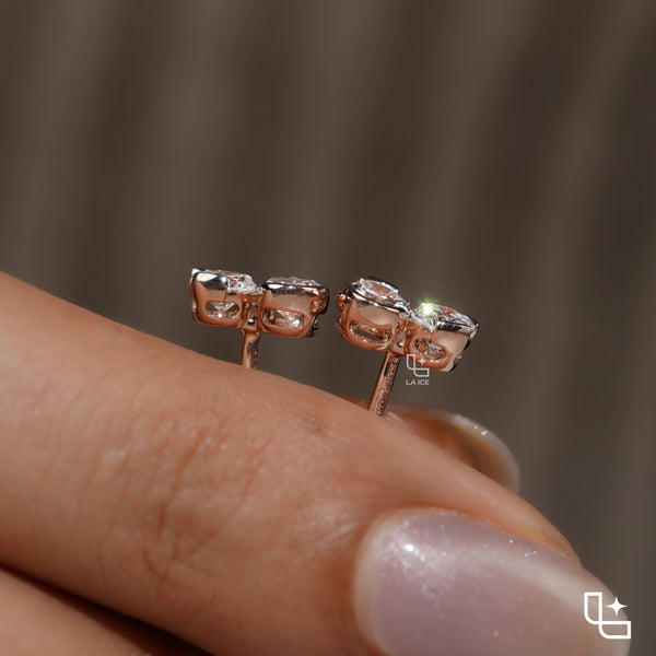 Oval and Round Cut Two Stone Stud Earrings with Asymmetrical Design, 1.50 CT Total Diamond Weight
