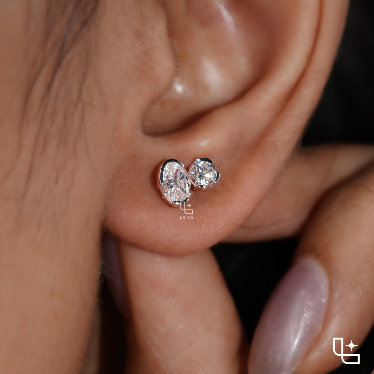 Oval and Round Cut Two Stone Stud Earrings with Asymmetrical Design, 1.50 CT Total Diamond Weight