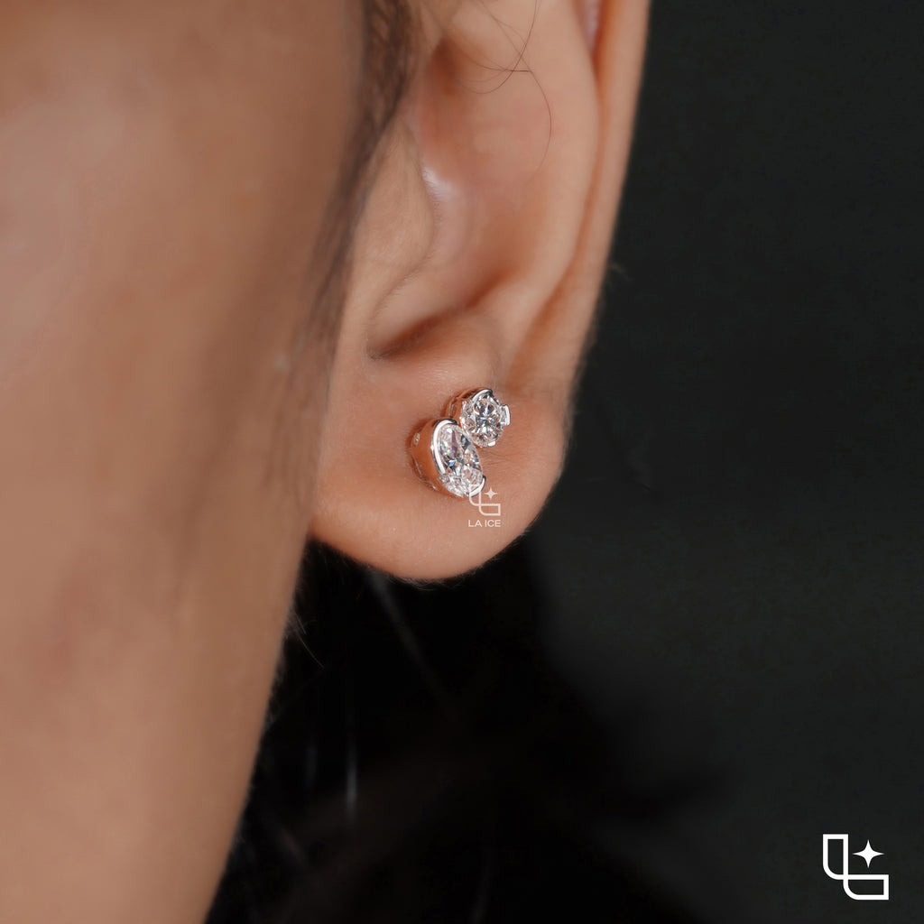 Oval and Round Cut Two Stone Stud Earrings with Asymmetrical Design, 1.50 CT Total Diamond Weight