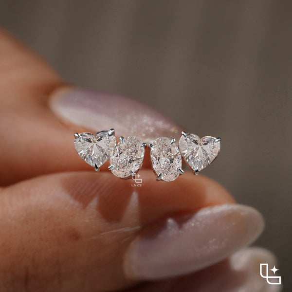 Oval and Heart Shaped Two Stone Stud Earrings with a Romantic Mixed Shape Design, 1.50 CT Total Diamond Weight