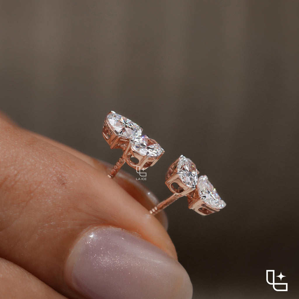 Oval and Heart Shaped Two Stone Stud Earrings with a Romantic Mixed Shape Design, 1.50 CT Total Diamond Weight