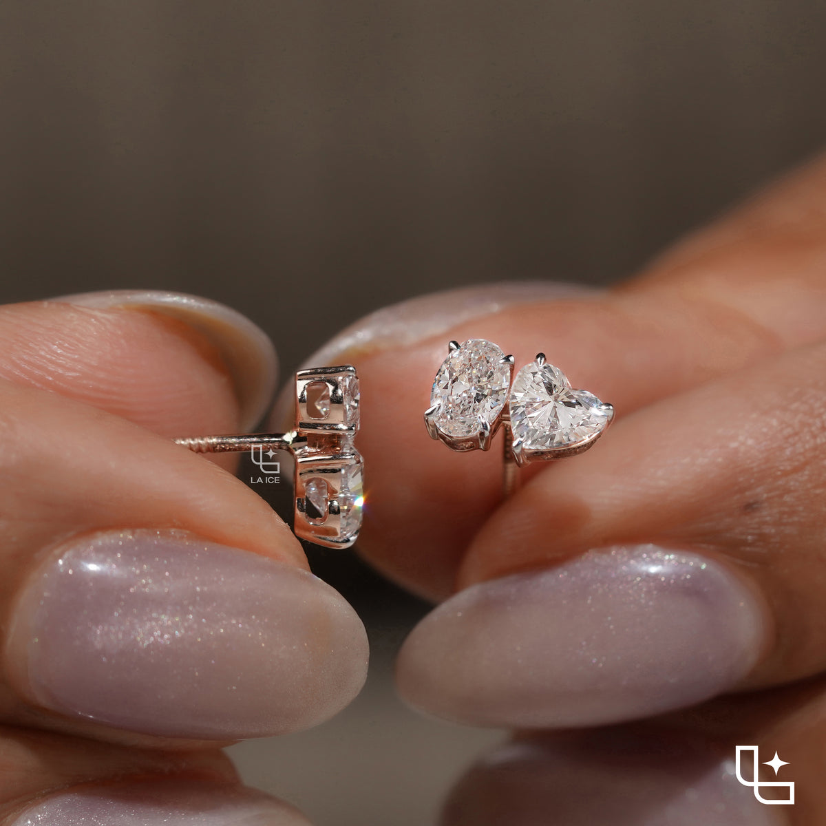Oval and Heart Shaped Two Stone Stud Earrings with a Romantic Mixed Shape Design, 1.50 CT Total Diamond Weight