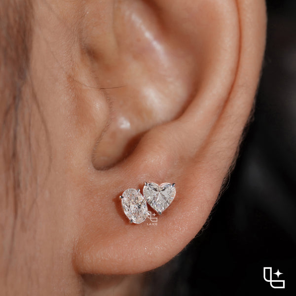 Oval and Heart Shaped Two Stone Stud Earrings with a Romantic Mixed Shape Design, 1.50 CT Total Diamond Weight