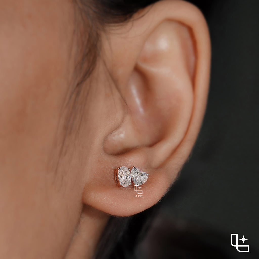 Oval and Heart Shaped Two Stone Stud Earrings with a Romantic Mixed Shape Design, 1.50 CT Total Diamond Weight
