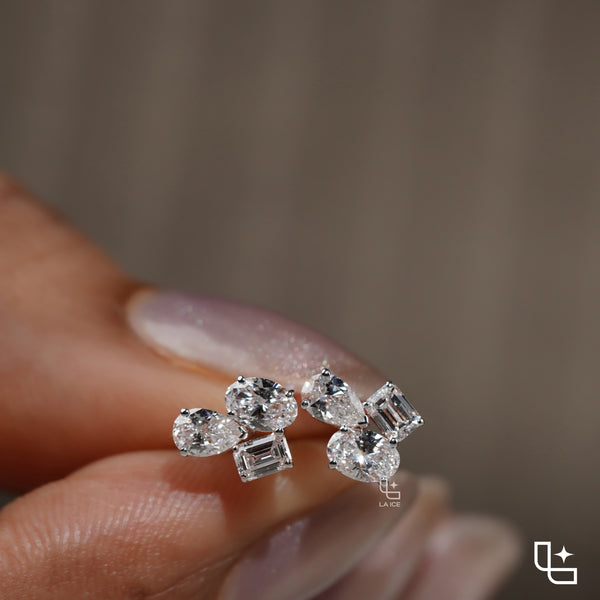 Three Stone Cluster Stud Earrings | Emerald Cut and Pear Shaped Cluster Stud Earrings with Round Accents, 1.50 CT Total Diamond Weight