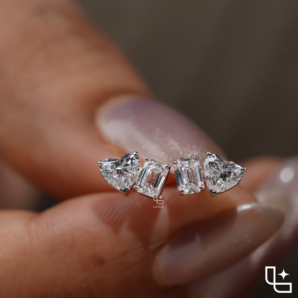 Heart and Emerald Cut Two Stone Stud Earrings, 1.20 CT Total Diamond Weight