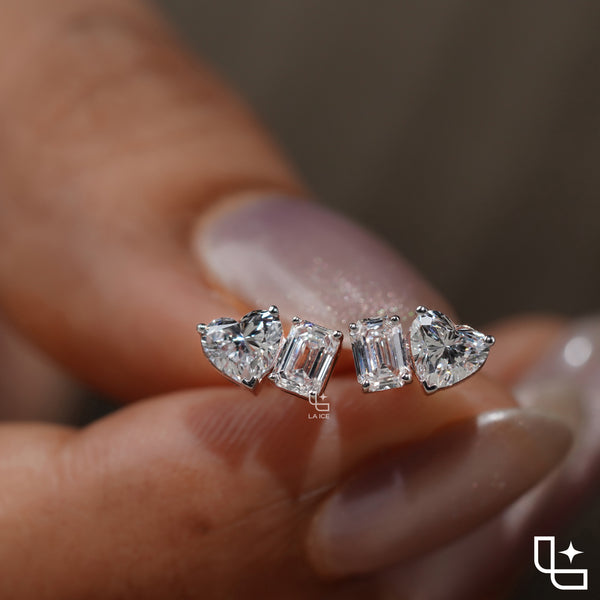 Heart and Emerald Cut Two Stone Stud Earrings, 1.20 CT Total Diamond Weight