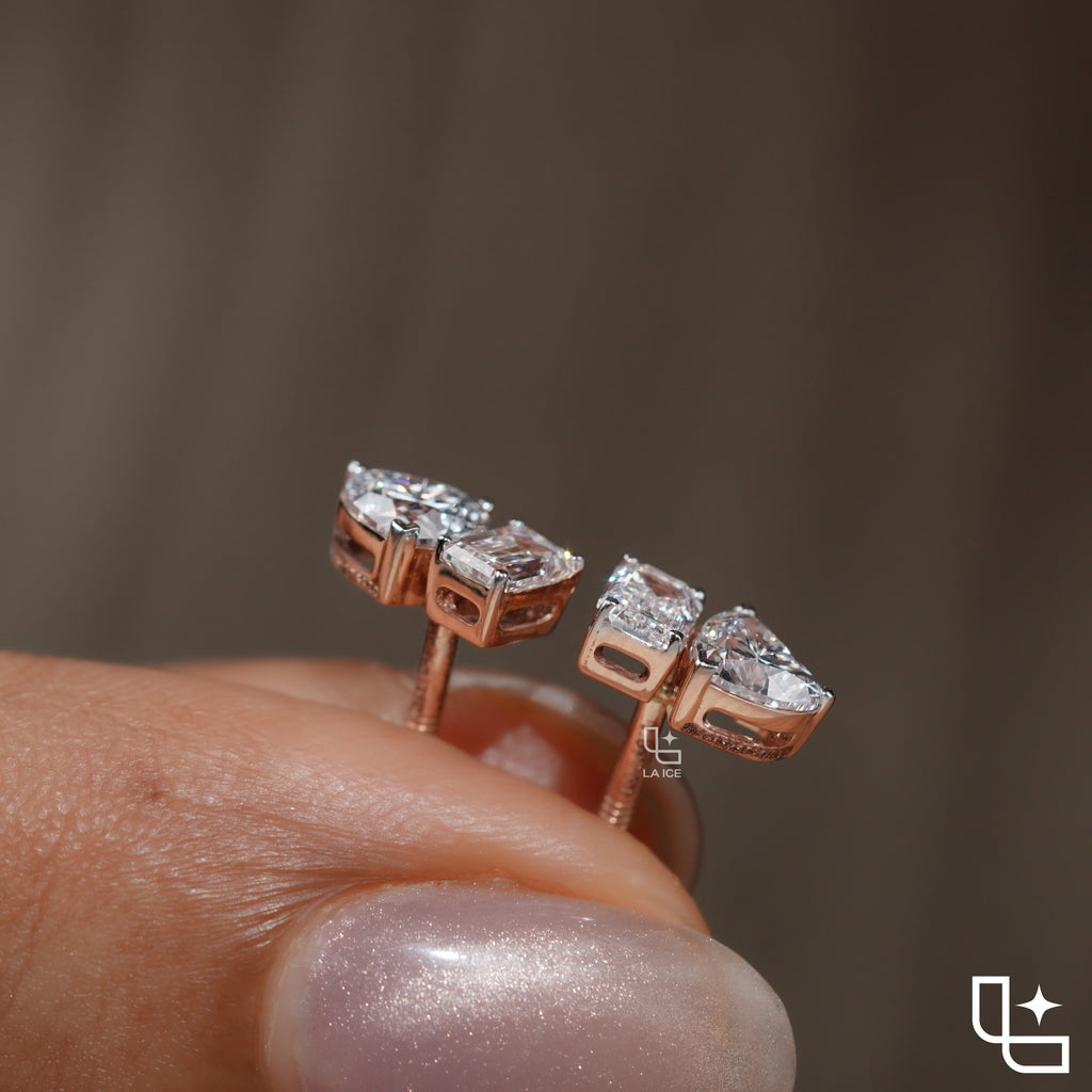 Heart and Emerald Cut Two Stone Stud Earrings, 1.20 CT Total Diamond Weight