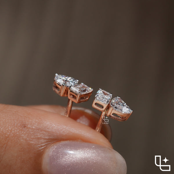 Heart and Emerald Cut Two Stone Stud Earrings, 1.20 CT Total Diamond Weight