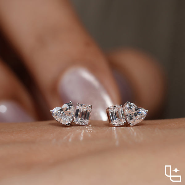 Heart and Emerald Cut Two Stone Stud Earrings, 1.20 CT Total Diamond Weight