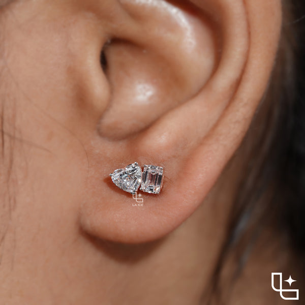 Heart and Emerald Cut Two Stone Stud Earrings, 1.20 CT Total Diamond Weight