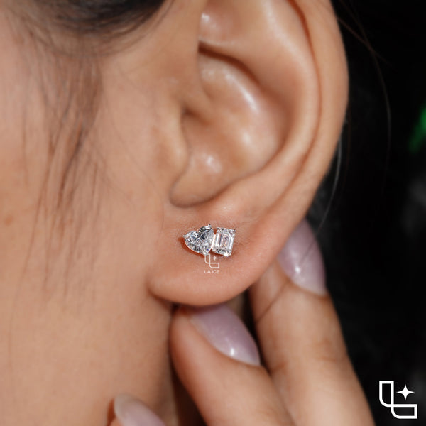 Heart and Emerald Cut Two Stone Stud Earrings, 1.20 CT Total Diamond Weight