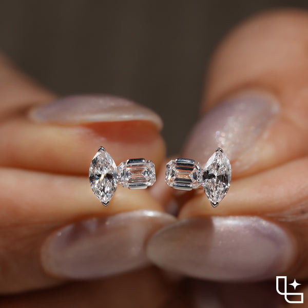 Marquise & Emerald Diamond Stud Earrings – Rose Gold Diamond Earrings | Modern Two-Stone Diamond Earrings for Women