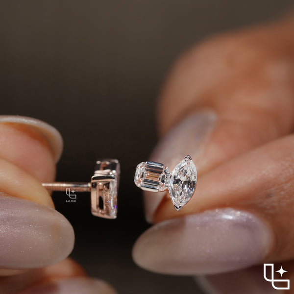 Marquise & Emerald Diamond Stud Earrings – Rose Gold Diamond Earrings | Modern Two-Stone Diamond Earrings for Women