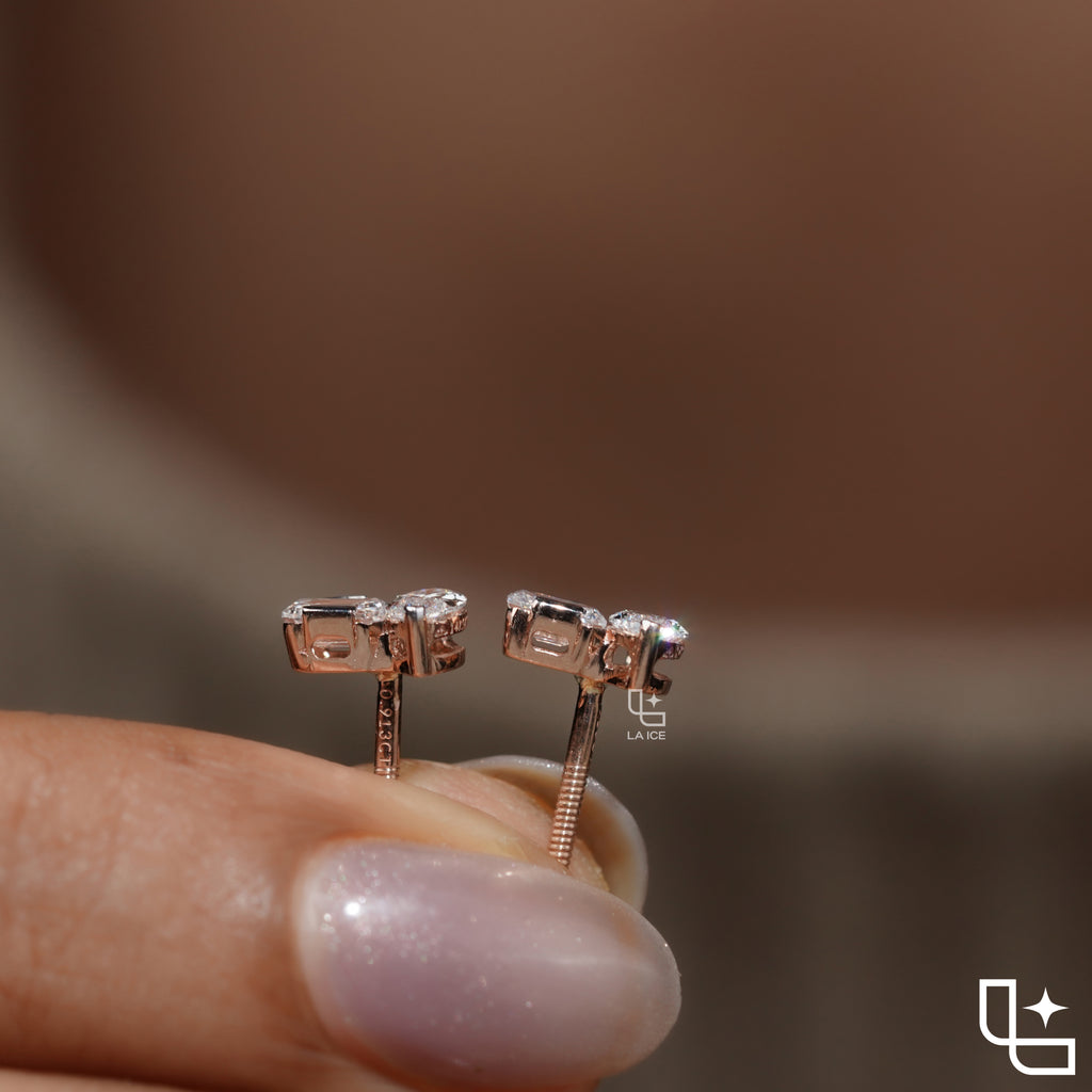 Marquise & Emerald Diamond Stud Earrings – Rose Gold Diamond Earrings | Modern Two-Stone Diamond Earrings for Women