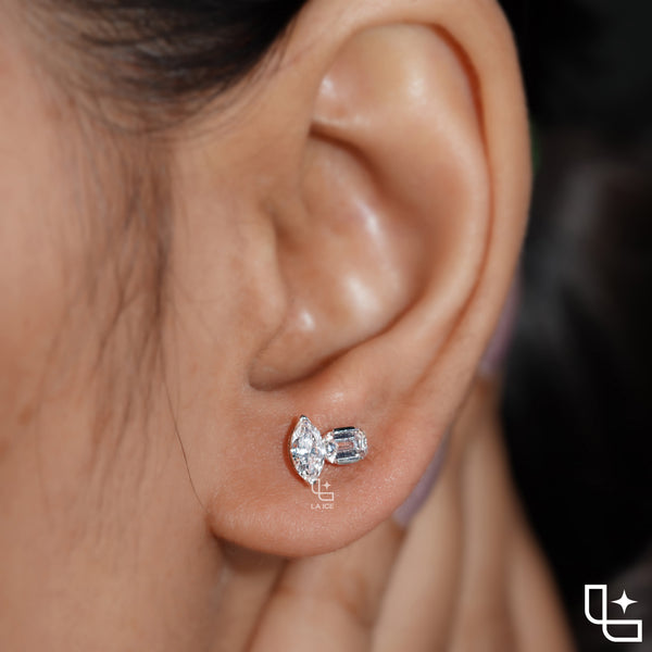 Marquise & Emerald Diamond Stud Earrings – Rose Gold Diamond Earrings | Modern Two-Stone Diamond Earrings for Women