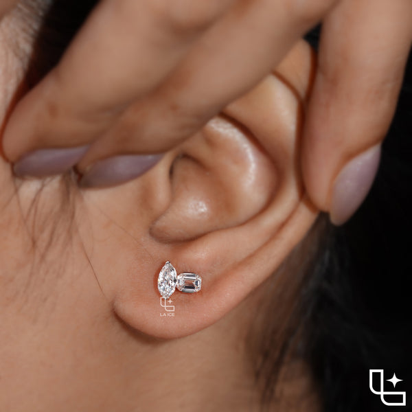 Marquise & Emerald Diamond Stud Earrings – Rose Gold Diamond Earrings | Modern Two-Stone Diamond Earrings for Women