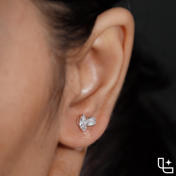 Marquise & Emerald Diamond Stud Earrings – Rose Gold Diamond Earrings | Modern Two-Stone Diamond Earrings for Women