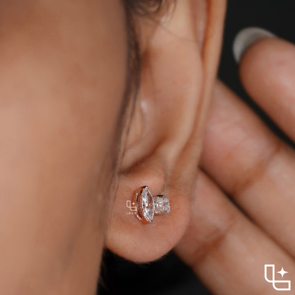 Marquise & Emerald Diamond Stud Earrings – Rose Gold Diamond Earrings | Modern Two-Stone Diamond Earrings for Women