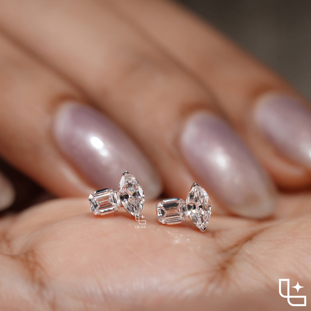 Marquise & Emerald Diamond Stud Earrings – Rose Gold Diamond Earrings | Modern Two-Stone Diamond Earrings for Women