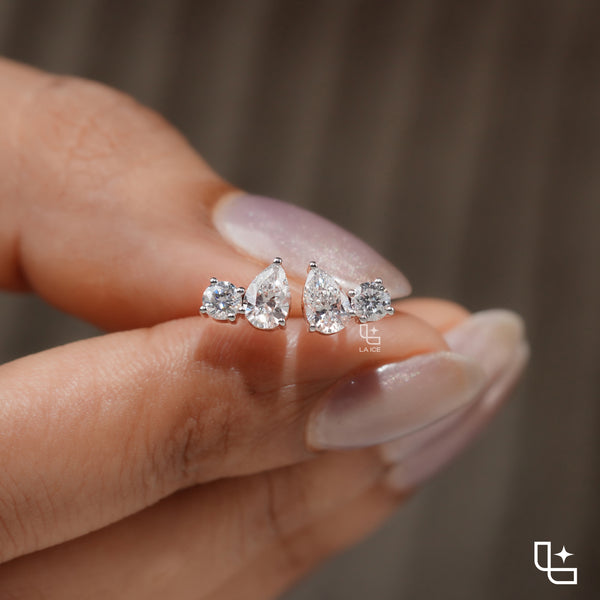 Pear & Round Diamond Stud Earrings – Rose Gold Diamond Earrings | Classic Two-Stone Diamond Studs for Women