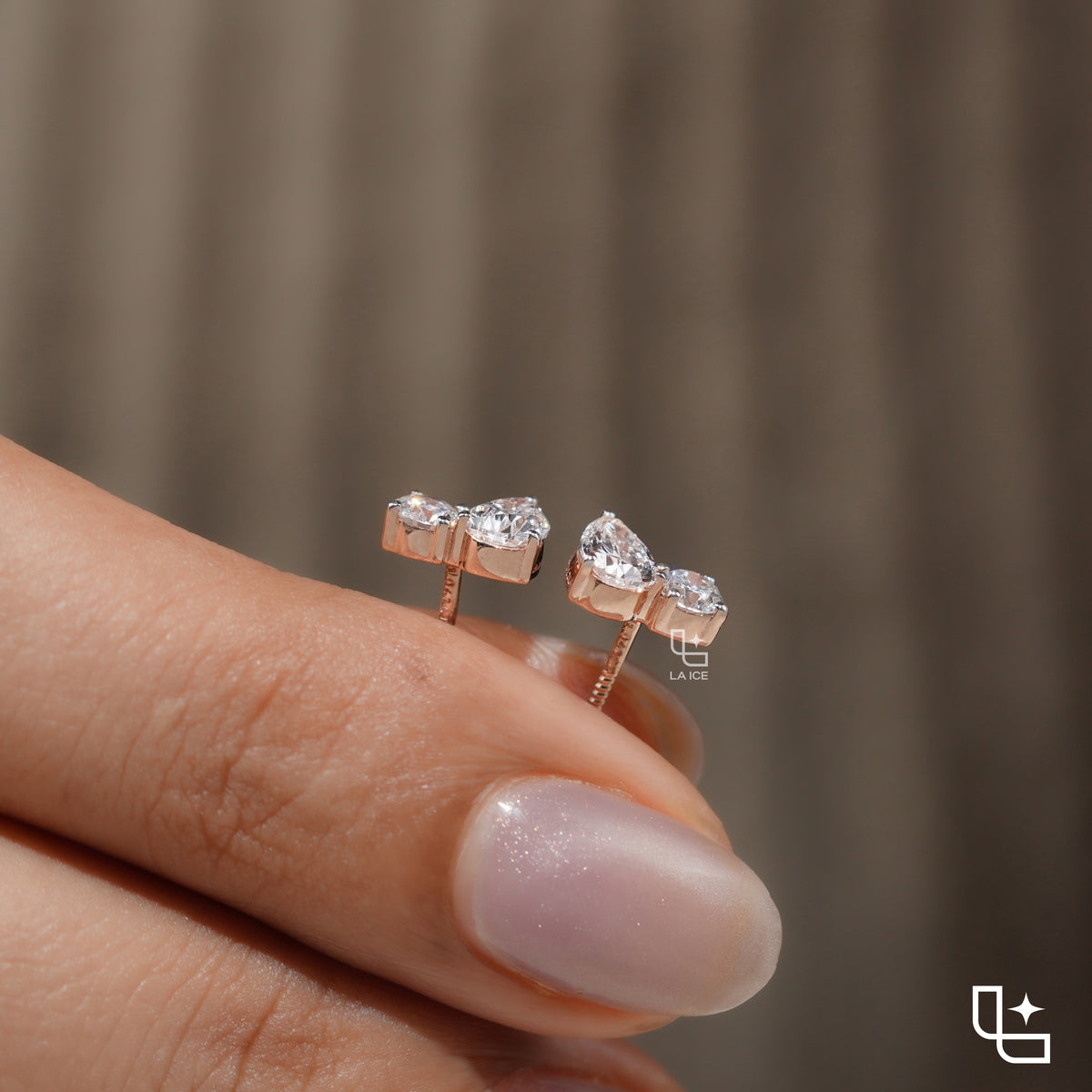 Pear & Round Diamond Stud Earrings – Rose Gold Diamond Earrings | Classic Two-Stone Diamond Studs for Women