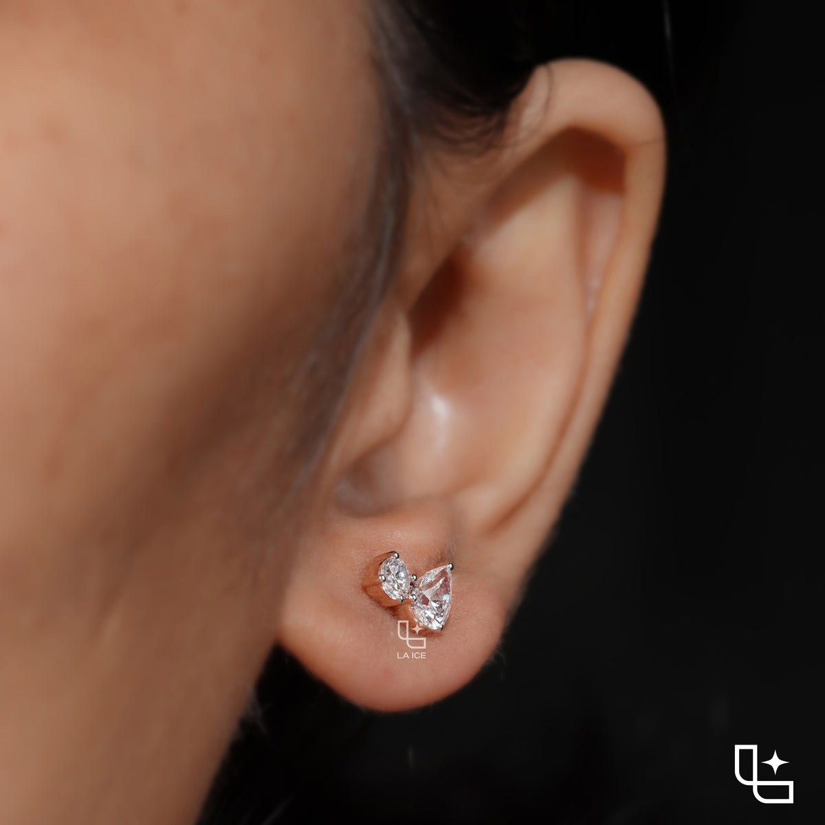 Pear & Round Diamond Stud Earrings – Rose Gold Diamond Earrings | Classic Two-Stone Diamond Studs for Women