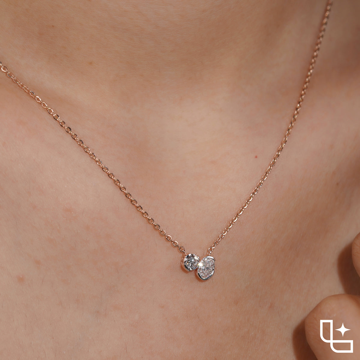 Round & Oval Diamond Pendant Necklace – Rose Gold Diamond Necklace | Modern Two-Stone Diamond Pendant for Women