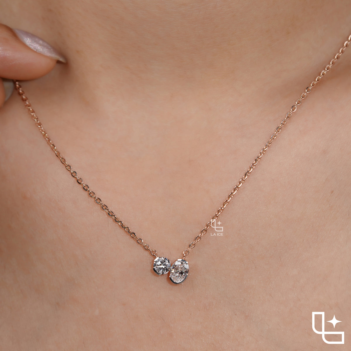 Round & Oval Diamond Pendant Necklace – Rose Gold Diamond Necklace | Modern Two-Stone Diamond Pendant for Women