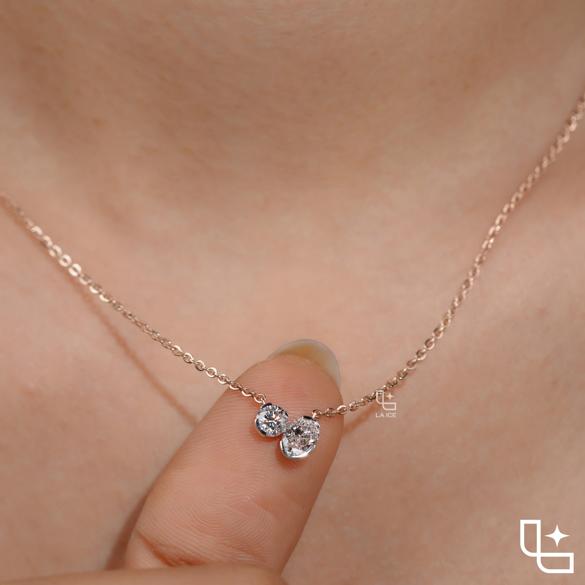 Round & Oval Diamond Pendant Necklace – Rose Gold Diamond Necklace | Modern Two-Stone Diamond Pendant for Women